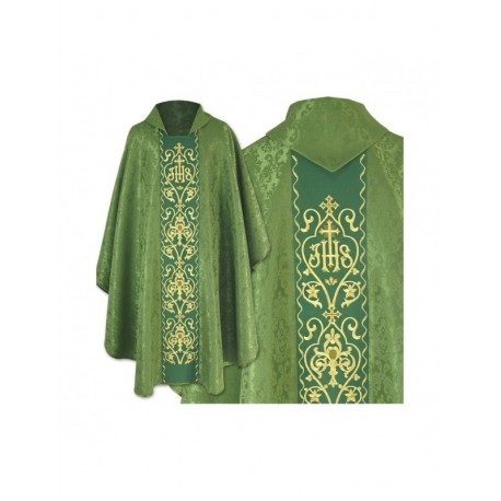 Casulla gótica verde, bordado púrpura - tejido jacquard (41)