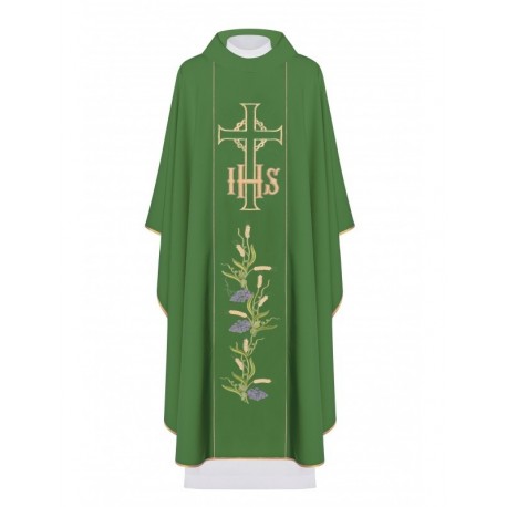 Casulla bordada con el símbolo de IHS, Cruz y uvas - verde (H108)