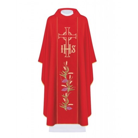 Casulla bordada con el símbolo de IHS, Cruz y uvas - rojo (H109)