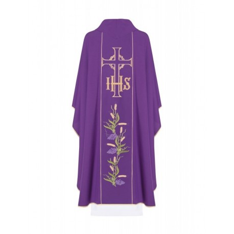 Casulla bordada con el símbolo del IHS, Cruz y uvas - púrpura (H110)